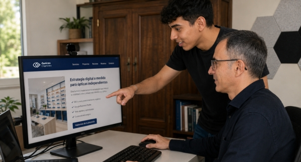 Ramón y Jaime García trabajando juntos en un proyecto de estrategia digital para ópticas
